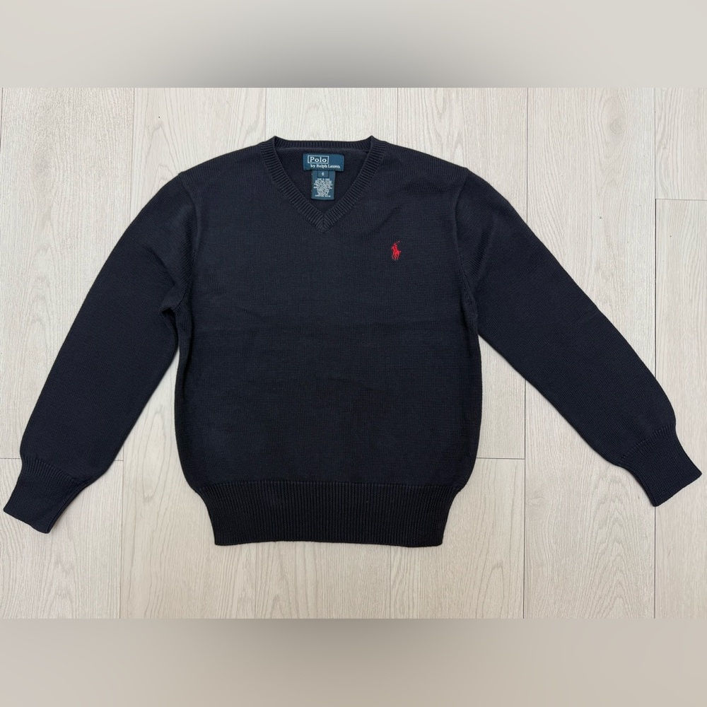 Navy Ralph Lauren V-Neck Knit Cotton Sweater with Red Embroidered RL Pony! Sz 6